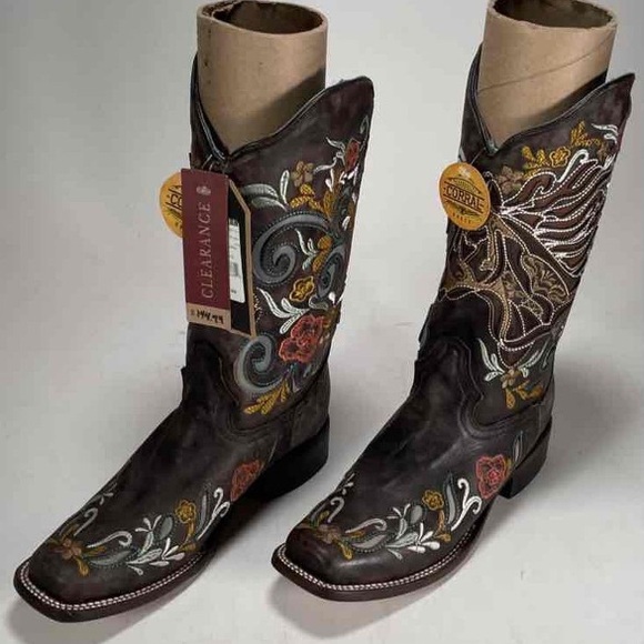 NWT Corral Brown and Blue Floral Embroidered Square Toe...